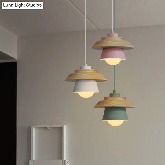 Macaron Single Pink/Grey/Green Wood Pendant Lamp Kit - 2-Shade Iron Hanging Fixture