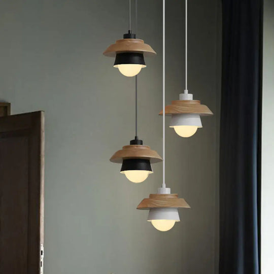 Macaron Single Pink/Grey/Green Wood Pendant Lamp Kit - 2-Shade Iron Hanging Fixture Black