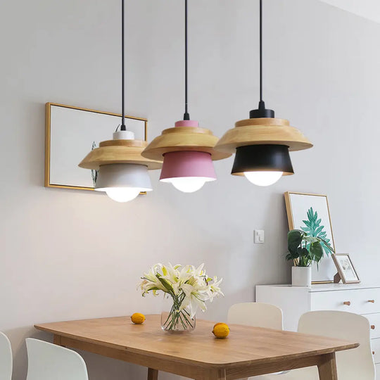 Macaron Single Pink/Grey/Green Wood Pendant Lamp Kit - 2-Shade Iron Hanging Fixture White