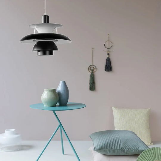 Macaron Style Aluminum Pendant Light With Flared Shade - 3 Layers 1 Black/Gray 12’/16’ Wide