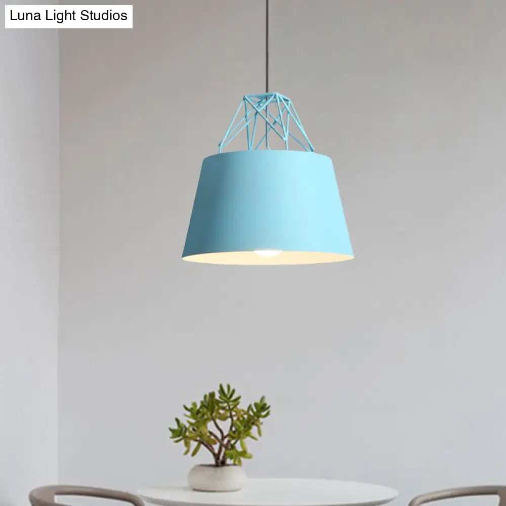 Metallic Bucket Shade Pendant Light - Restaurant Cage 1 Head Hanging Lamp With Iron Wire [Macaron