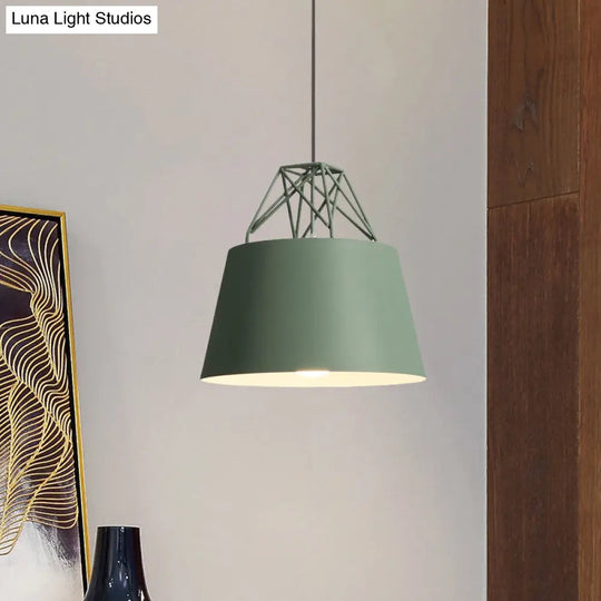 Metallic Bucket Shade Pendant Light - Restaurant Cage 1 Head Hanging Lamp With Iron Wire [Macaron