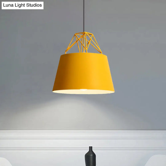 Macaron Style Cage Pendant Light With Metallic Bucket Shade For Restaurants - 1 Head Hanging Lamp