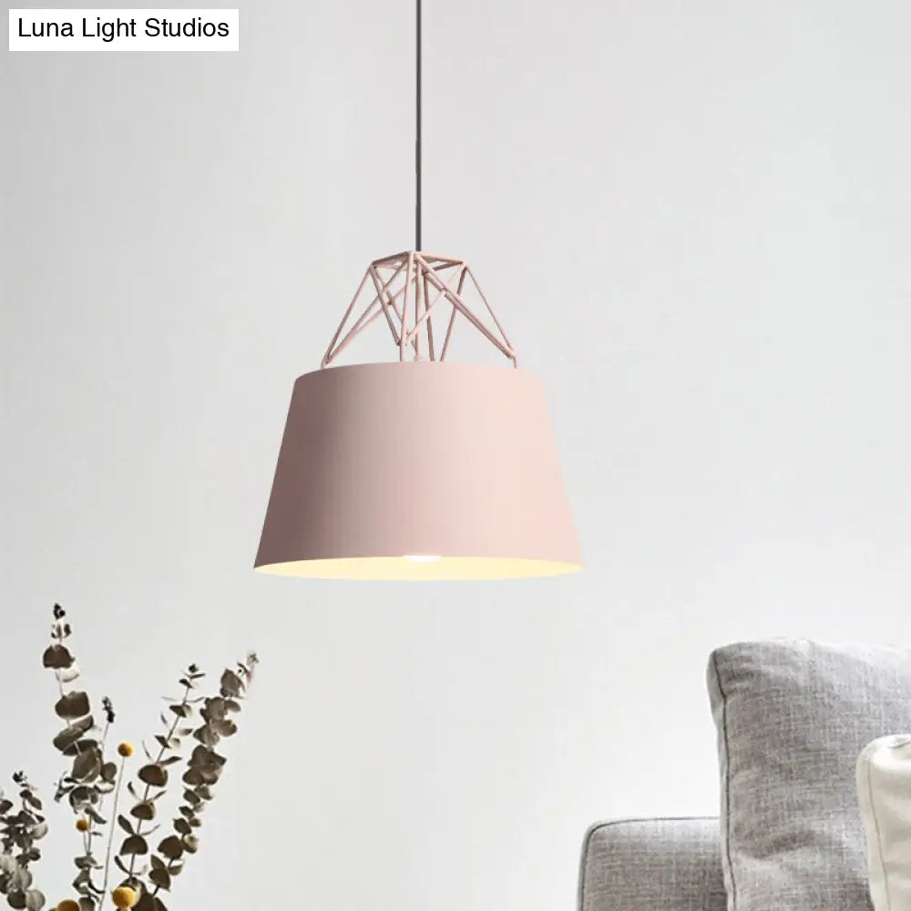 Metallic Bucket Shade Pendant Light - Restaurant Cage 1 Head Hanging Lamp With Iron Wire [Macaron