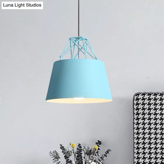 Metallic Bucket Shade Pendant Light - Restaurant Cage 1 Head Hanging Lamp With Iron Wire [Macaron