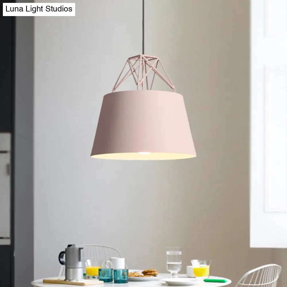 Metallic Bucket Shade Pendant Light - Restaurant Cage 1 Head Hanging Lamp With Iron Wire [Macaron