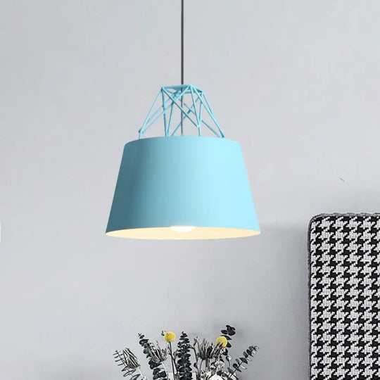 Macaron Style Cage Pendant Light With Metallic Bucket Shade For Restaurants - 1 Head Hanging Lamp