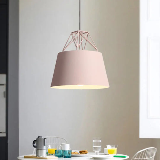 Macaron Style Cage Pendant Light With Metallic Bucket Shade For Restaurants - 1 Head Hanging Lamp