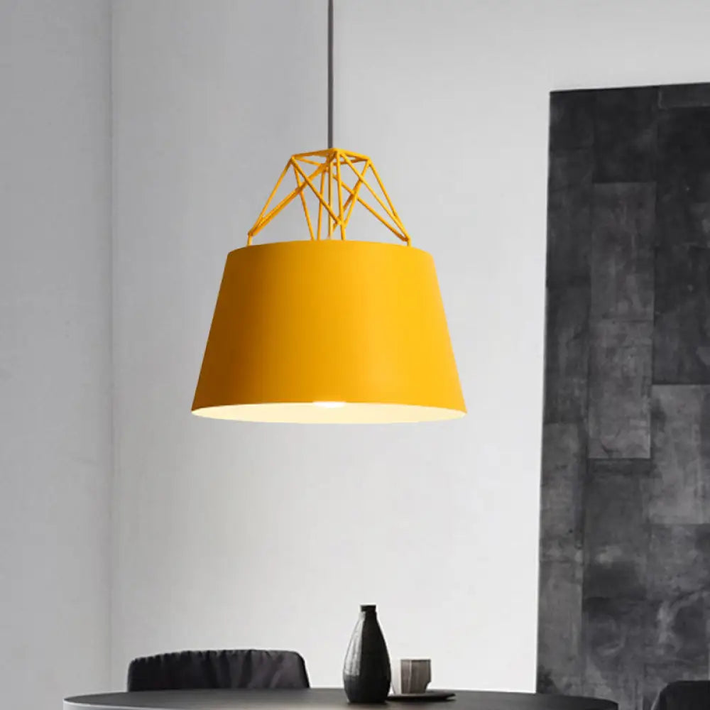 Macaron Style Cage Pendant Light With Metallic Bucket Shade For Restaurants - 1 Head Hanging Lamp