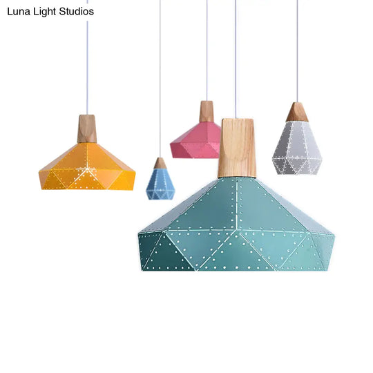 Macaron-Style Diamond Ceiling Light With Metal & Wood - Blue/Green/Pink/Yellow Pendant Lighting For