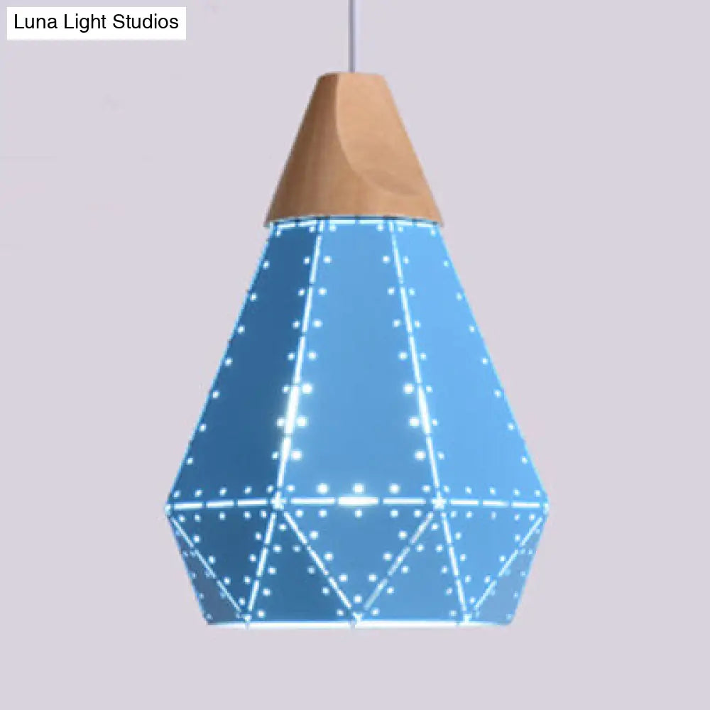 Diamond-Shaped Metal & Wood Pendant Light In Macaron Colors For Restaurants Blue / 8.5