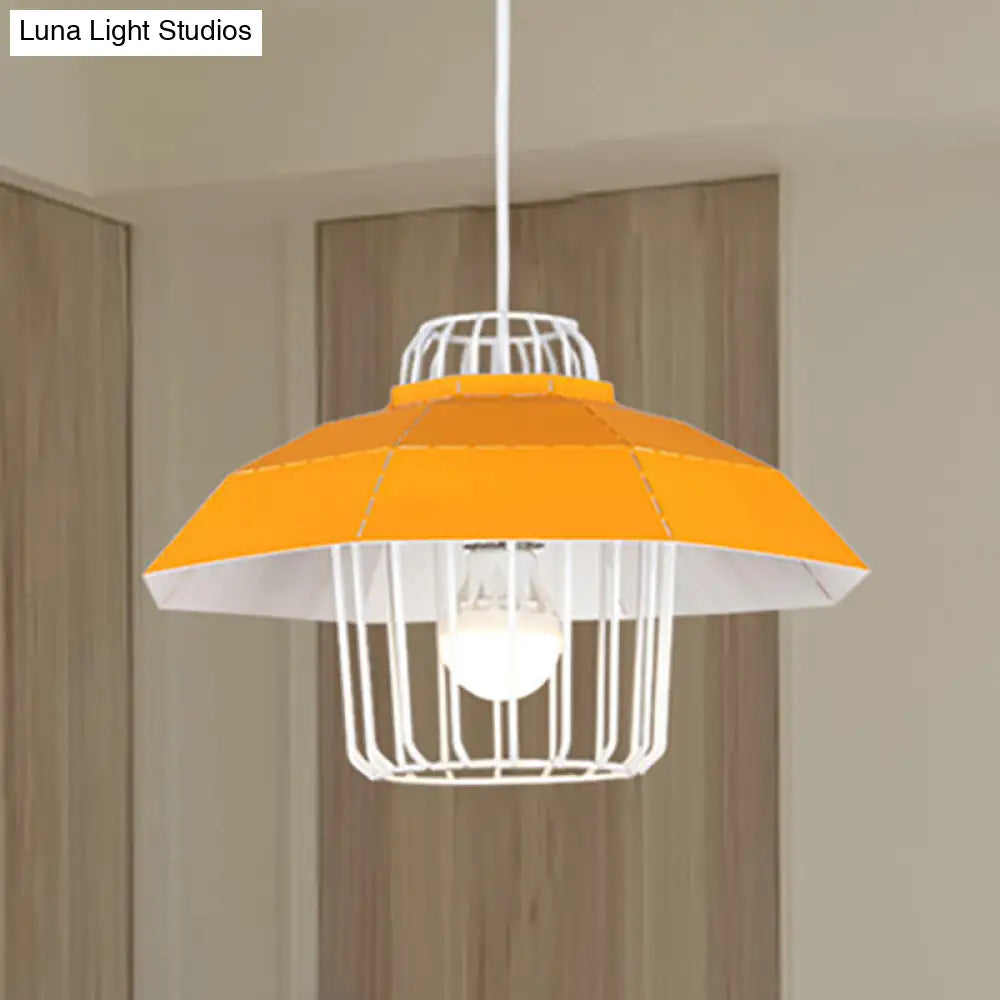 Macaron Style Drum/Bowl Shade Pendant Light - Metallic Hanging Lamp In Blue/Orange For Dining Table