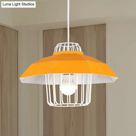 Macaron Style Drum/Bowl Shade Pendant Light - Metallic Hanging Lamp In Blue/Orange For Dining Table