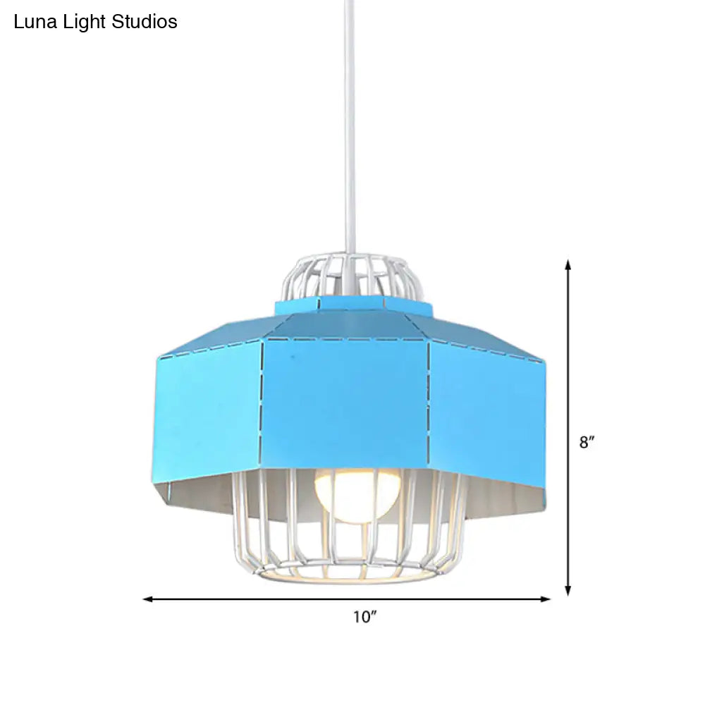 Macaron Style Drum/Bowl Pendant Light In Blue/Orange For Dining Table - Sleek Metallic Hanging Lamp