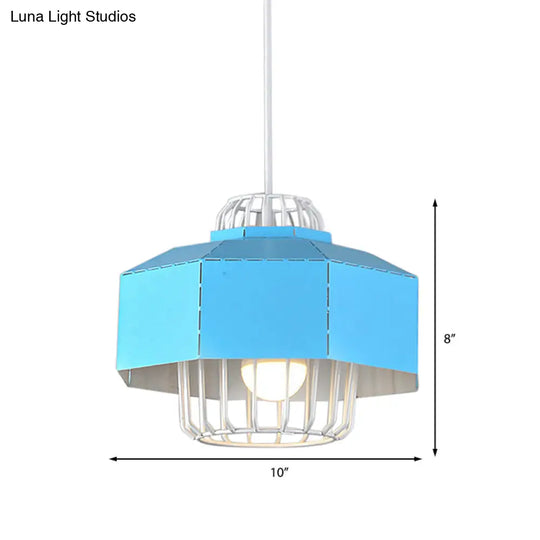 Macaron Style Drum/Bowl Pendant Light In Blue/Orange For Dining Table - Sleek Metallic Hanging Lamp