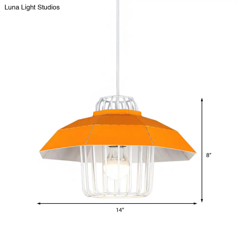 Macaron Style Drum/Bowl Shade Pendant Light - Metallic Hanging Lamp In Blue/Orange For Dining Table