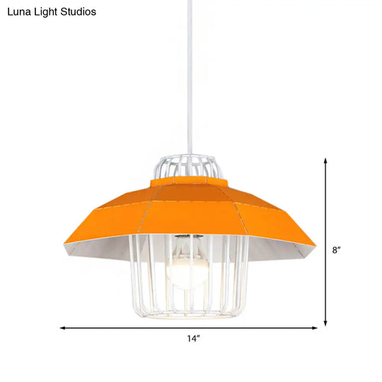 Macaron Style Drum/Bowl Shade Pendant Light - Metallic Hanging Lamp In Blue/Orange For Dining Table