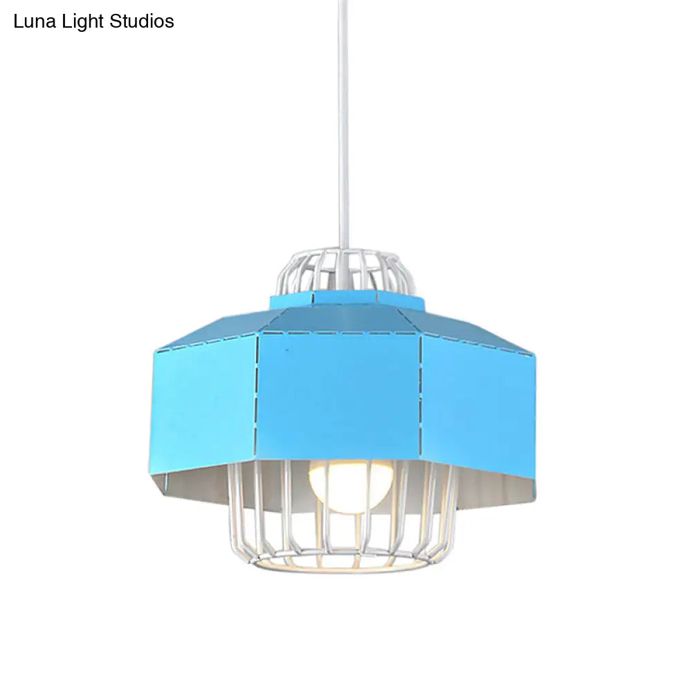 Macaron Style Drum/Bowl Pendant Light In Blue/Orange For Dining Table - Sleek Metallic Hanging Lamp