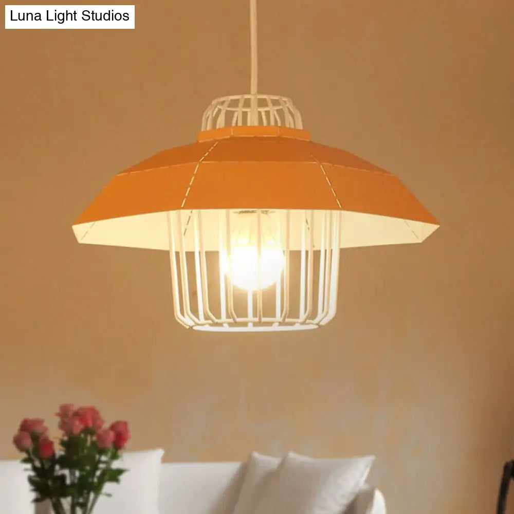 Macaron Style Drum/Bowl Shade Pendant Light - Metallic Hanging Lamp In Blue/Orange For Dining Table