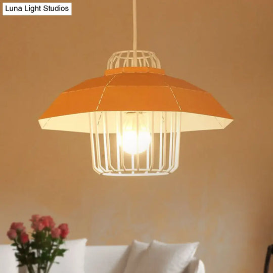 Macaron Style Drum/Bowl Shade Pendant Light - Metallic Hanging Lamp In Blue/Orange For Dining Table