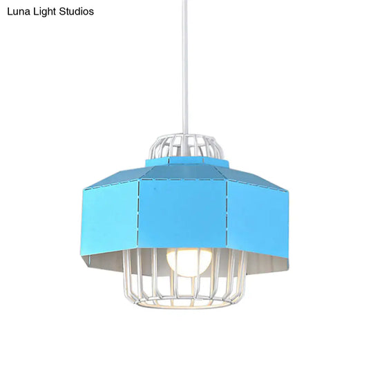 Macaron Style Drum/Bowl Shade Pendant Light - Metallic Hanging Lamp In Blue/Orange For Dining Table