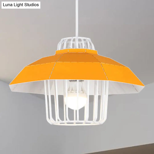 Macaron Style Drum/Bowl Shade Pendant Light - Metallic Hanging Lamp In Blue/Orange For Dining Table