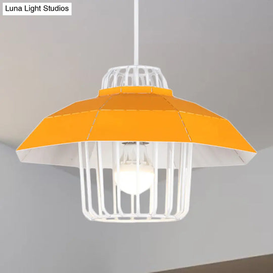 Macaron Style Drum/Bowl Pendant Light In Blue/Orange For Dining Table - Sleek Metallic Hanging Lamp