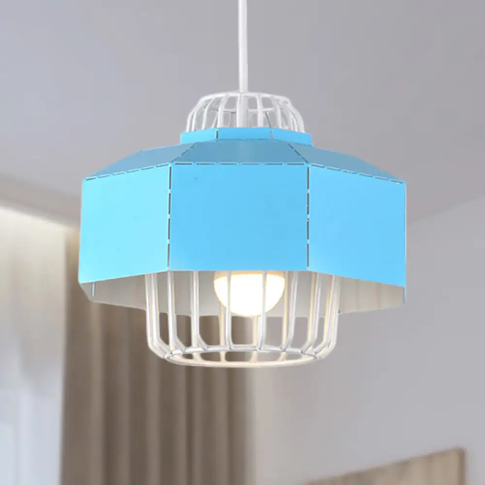 Macaron Style Drum/Bowl Pendant Light In Blue/Orange For Dining Table - Sleek Metallic Hanging Lamp