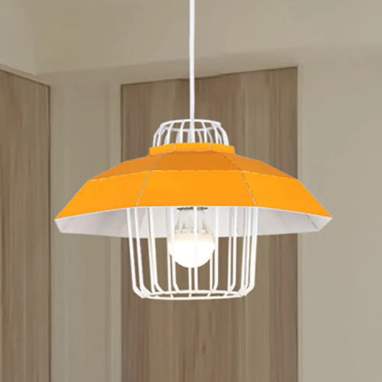 Macaron Style Drum/Bowl Pendant Light In Blue/Orange For Dining Table - Sleek Metallic Hanging Lamp