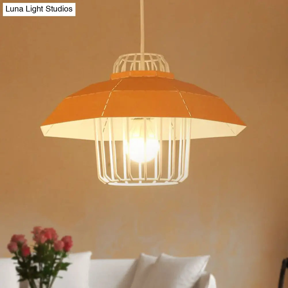 Macaron Style Drum/Bowl Pendant Light In Blue/Orange For Dining Table - Sleek Metallic Hanging Lamp