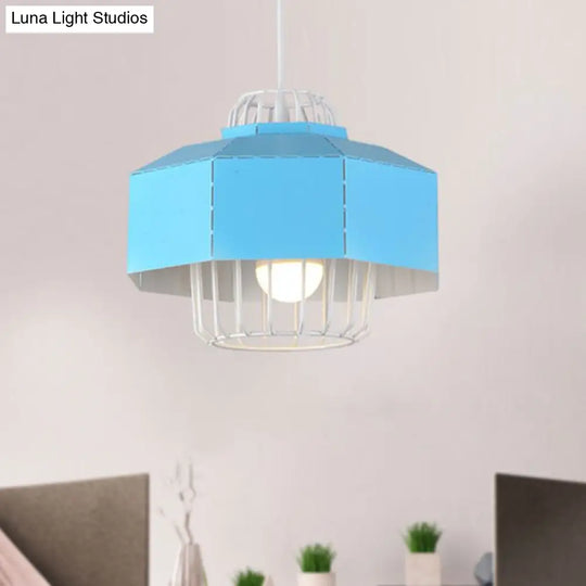 Macaron Style Drum/Bowl Pendant Light In Blue/Orange For Dining Table - Sleek Metallic Hanging Lamp