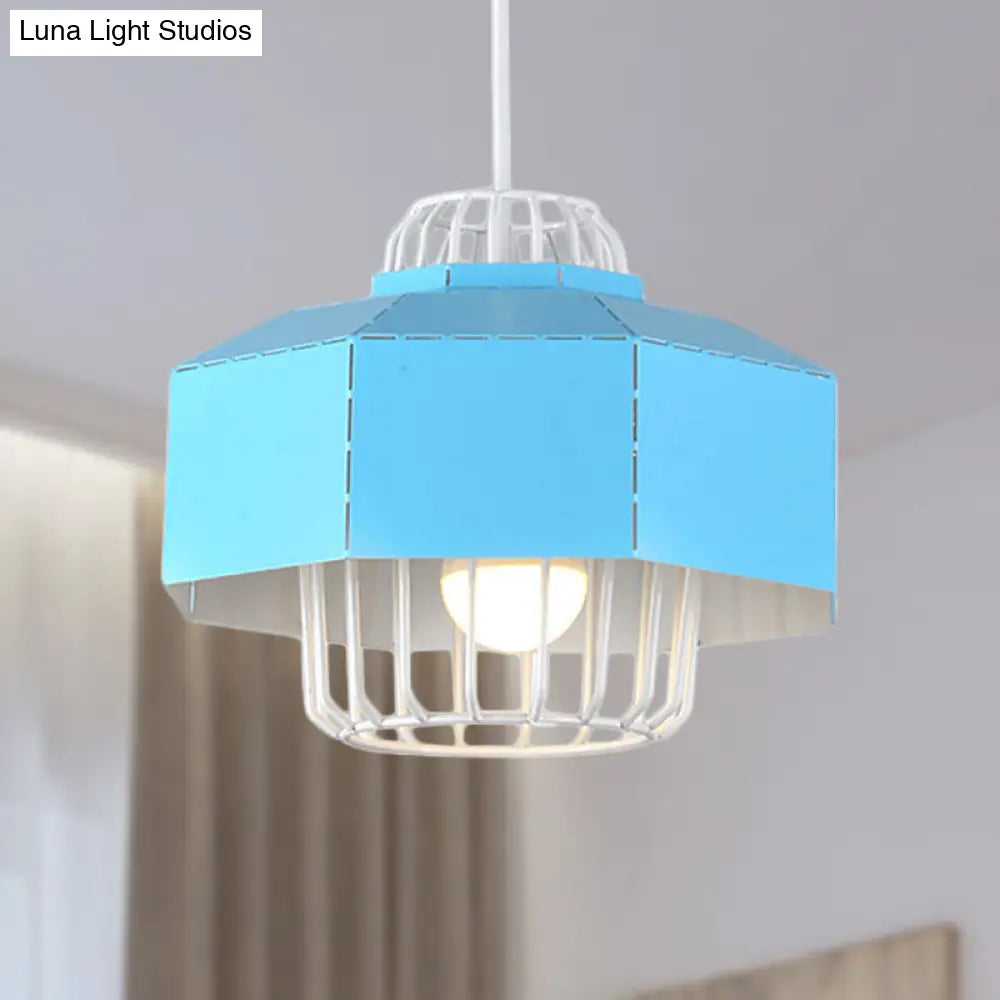 Macaron Style Drum/Bowl Shade Pendant Light - Metallic Hanging Lamp In Blue/Orange For Dining Table