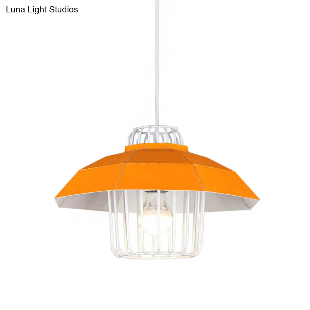 Macaron Style Drum/Bowl Pendant Light In Blue/Orange For Dining Table - Sleek Metallic Hanging Lamp