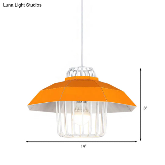 Macaron Style Drum/Bowl Pendant Light In Blue/Orange For Dining Table - Sleek Metallic Hanging Lamp