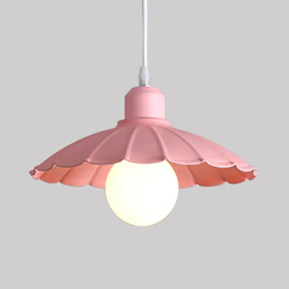 Macaron Style Head Pendant Lamp With Scalloped Edge Metallic Shade In Pink/Yellow - Perfect For