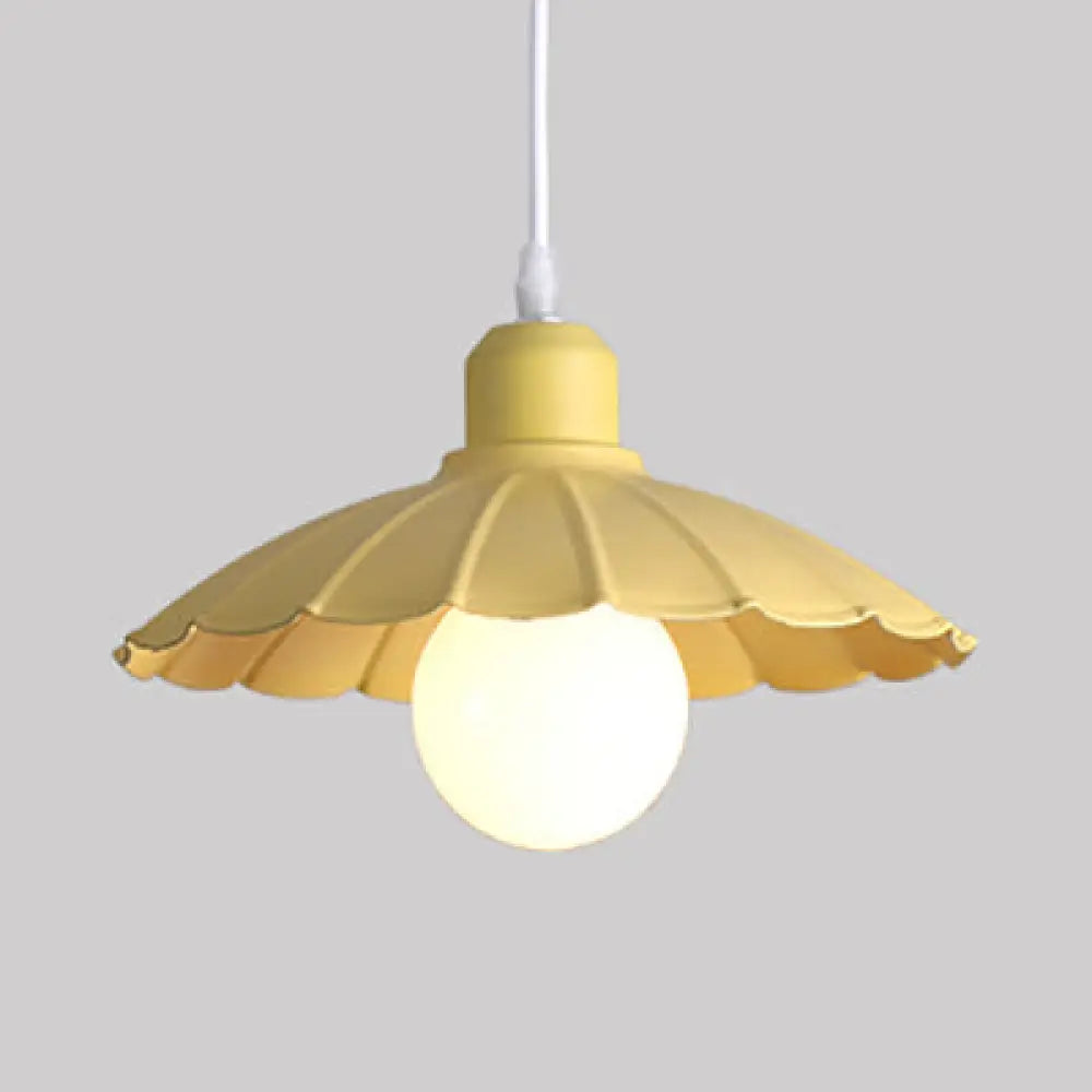 Macaron Style Head Pendant Lamp With Scalloped Edge Metallic Shade In Pink/Yellow - Perfect For