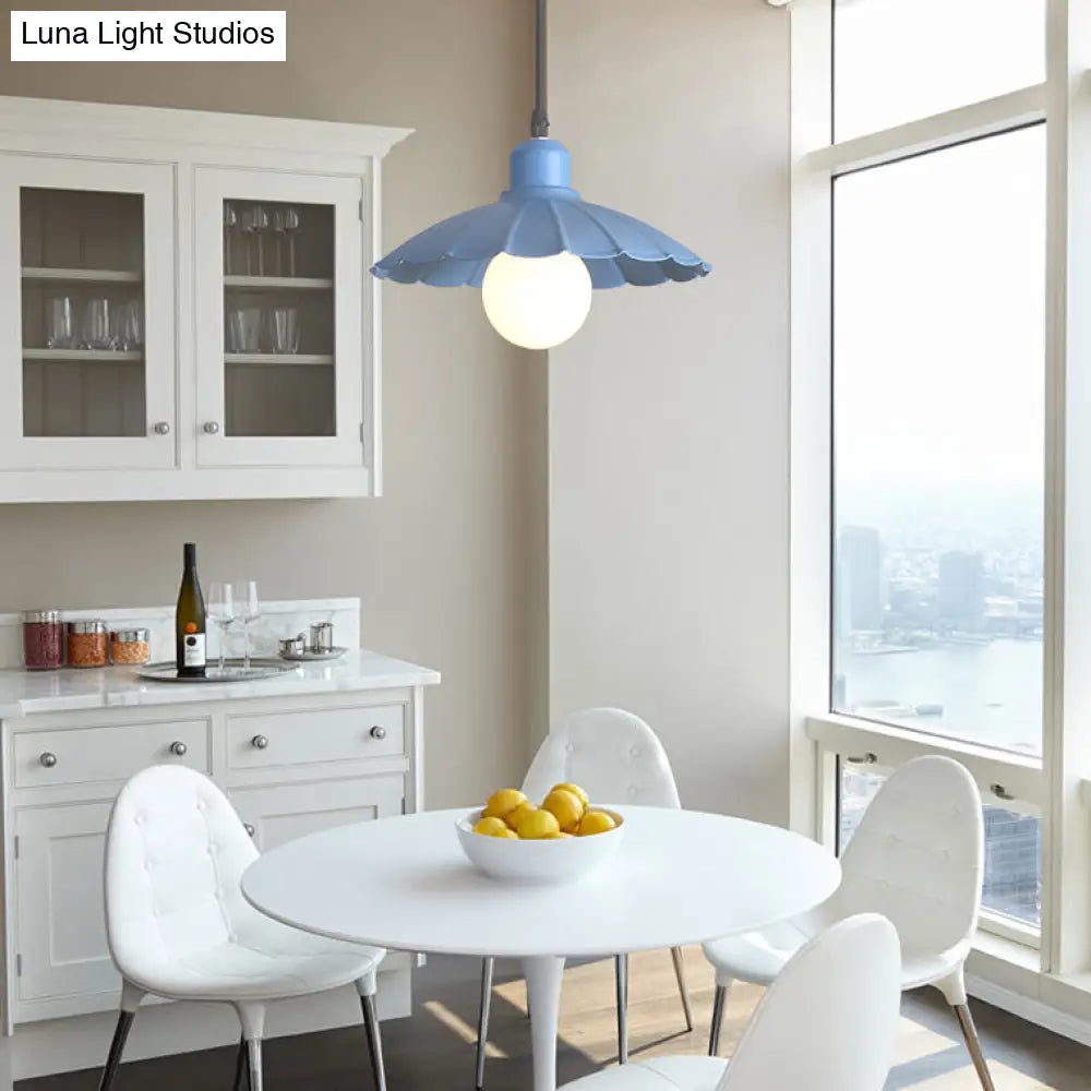 Macaron Style Head Pendant Lamp With Scalloped Edge Metallic Shade In Pink/Yellow - Perfect For