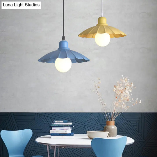 Macaron Style Head Pendant Lamp With Scalloped Edge Metallic Shade In Pink/Yellow - Perfect For