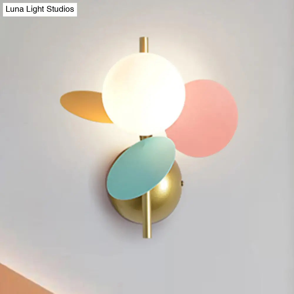 Macaron Style Iron Sconce - Leaf Bedside Wall Lighting In White With Multicolored Glass Shade