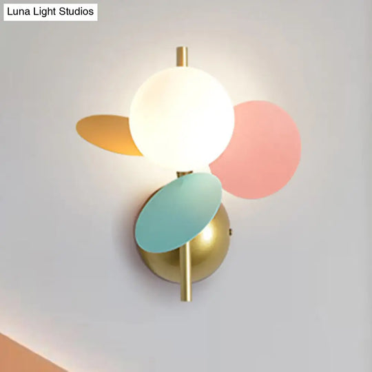 Macaron Style Iron Sconce - Leaf Bedside Wall Lighting In White With Multicolored Glass Shade