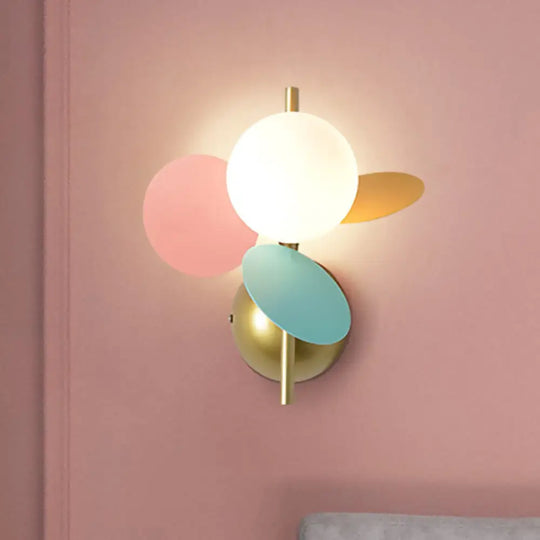 Macaron Style Iron Sconce - Leaf Bedside Wall Lighting In White With Multicolored Glass Shade