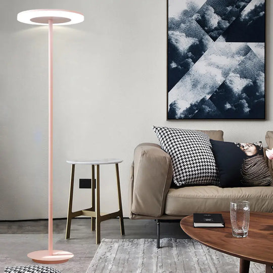 Macaron-Style Led Floor Lamp - Acrylic Disc Stand With Slender Pink/Yellow Stem: Warm/White Light