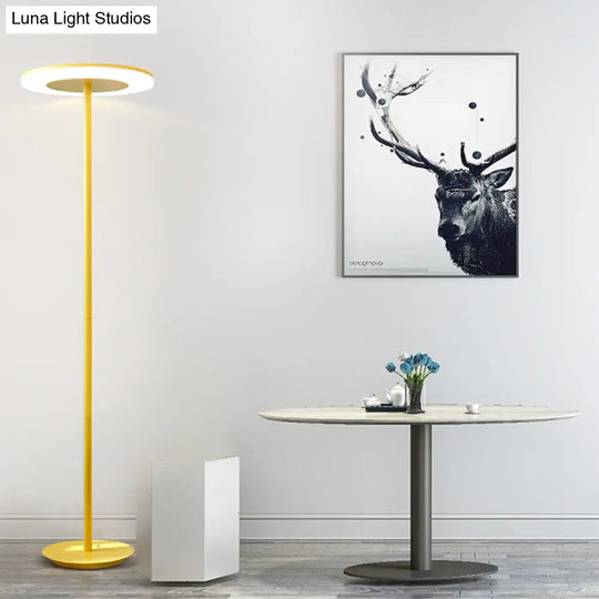 Macaron-Style Led Floor Lamp - Acrylic Disc Stand With Slender Pink/Yellow Stem: Warm/White Light