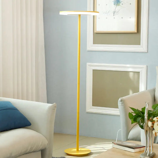 Macaron-Style Led Floor Lamp - Acrylic Disc Stand With Slender Pink/Yellow Stem: Warm/White Light