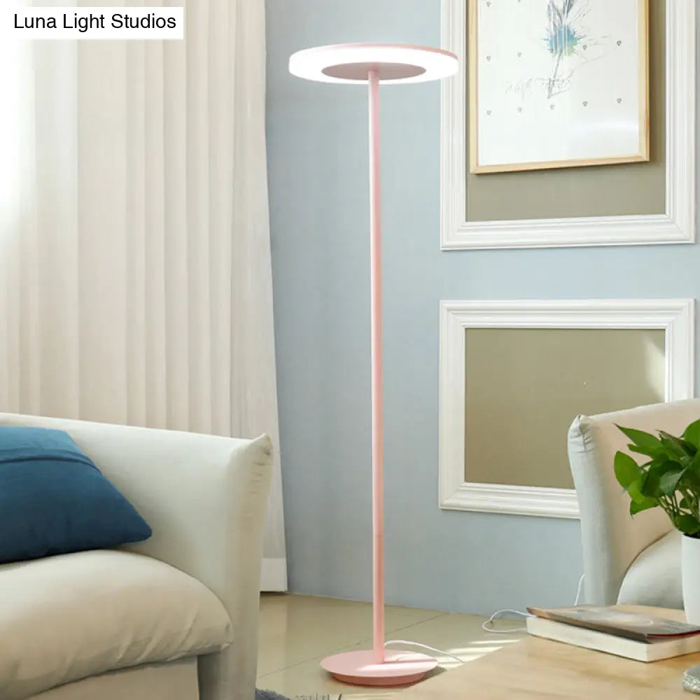 Macaron-Style Led Floor Lamp - Acrylic Disc Stand With Slender Pink/Yellow Stem: Warm/White Light