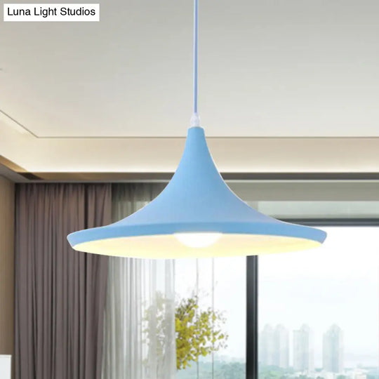 Hanging Macaron Style Cone Pendant Light - Pink/Yellow/Blue 1/3 Metal Linear/Round Canopy Blue /