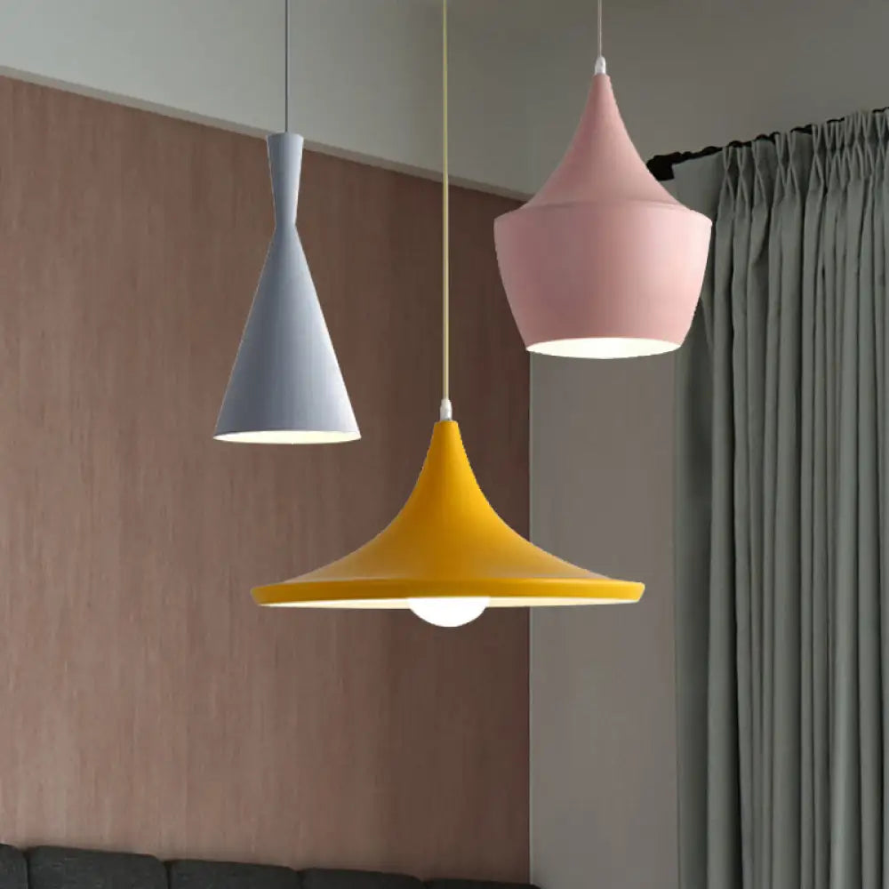 Macaron Style Metal Cone Pendant Light - 1/3 Pink/Yellow/Blue Linear/Round Canopy Grey-Pink-Yellow