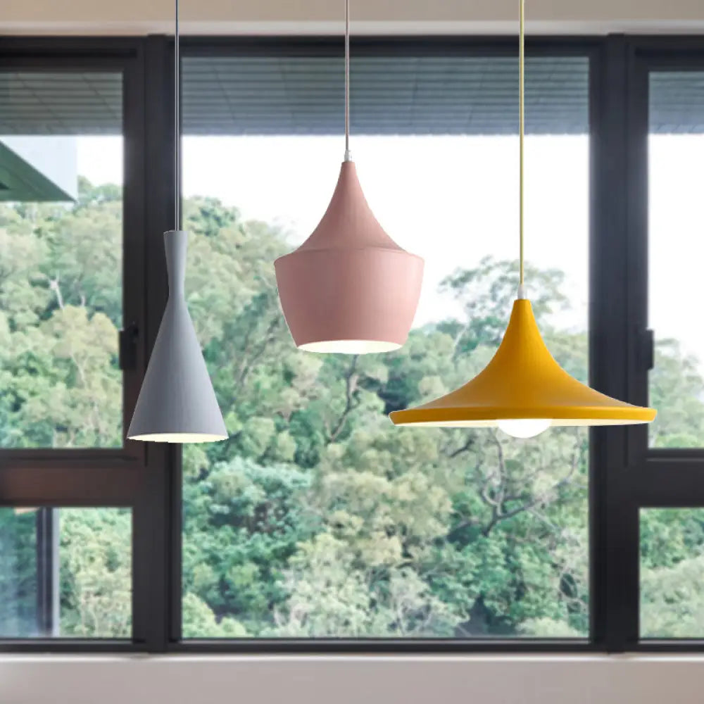 Macaron Style Metal Cone Pendant Light - 1/3 Pink/Yellow/Blue Linear/Round Canopy Grey-Pink-Yellow