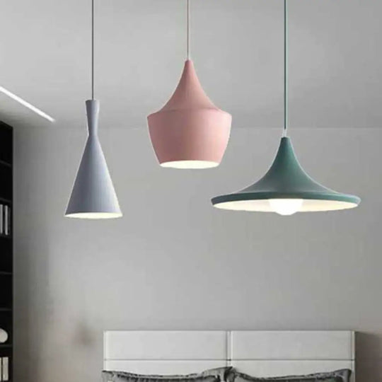 Macaron Style Metal Cone Pendant Light - 1/3 Pink/Yellow/Blue Linear/Round Canopy Grey-Pink-Green /