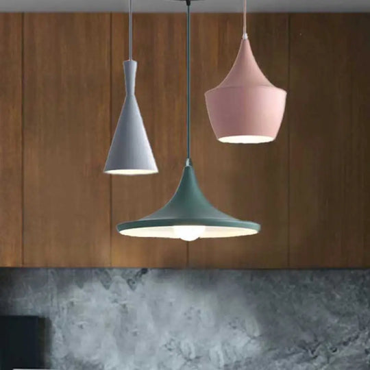 Macaron Style Metal Cone Pendant Light - 1/3 Pink/Yellow/Blue Linear/Round Canopy Grey-Pink-Green /